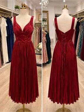 Red Satin Midi Dress with Pleated Skirt